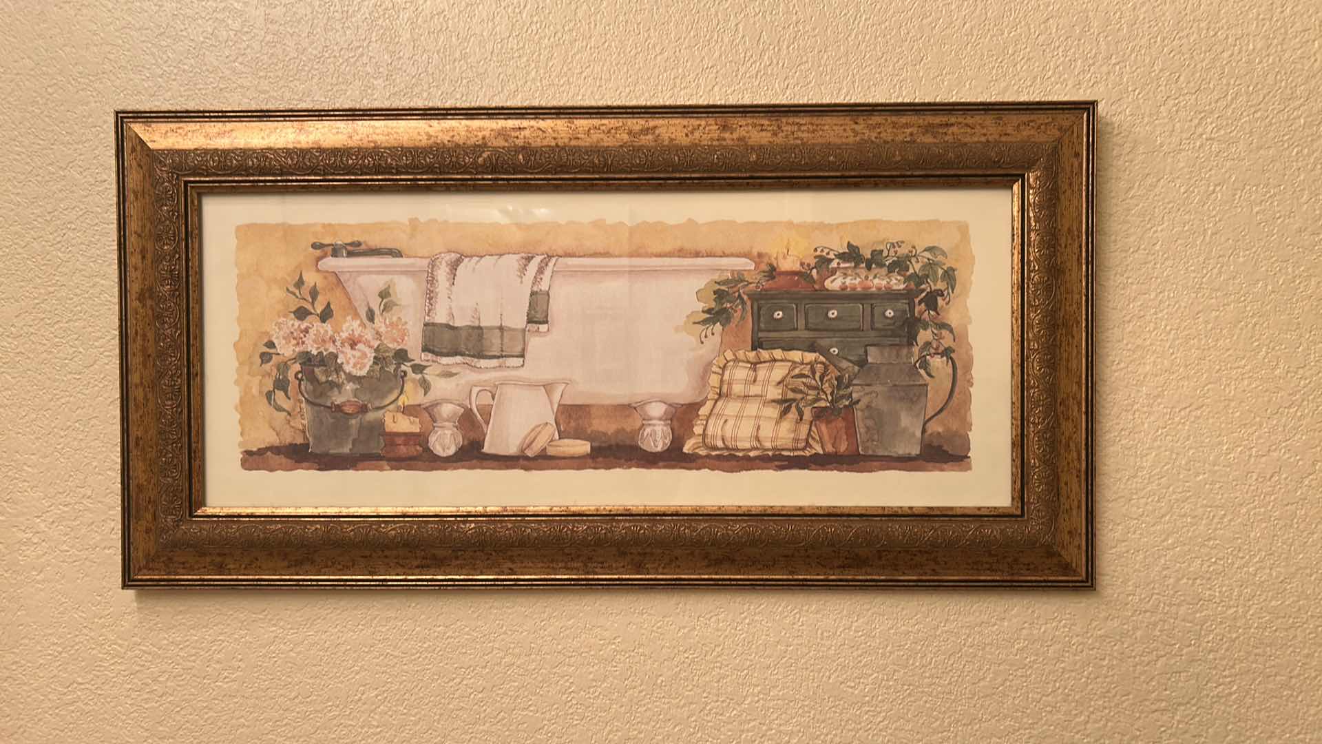 Photo 1 of VINTAGE STYLE WATERCOLOR ART PRINT GOLD FRAMED W CLAWFOOT BATHTUB 24" X 11"