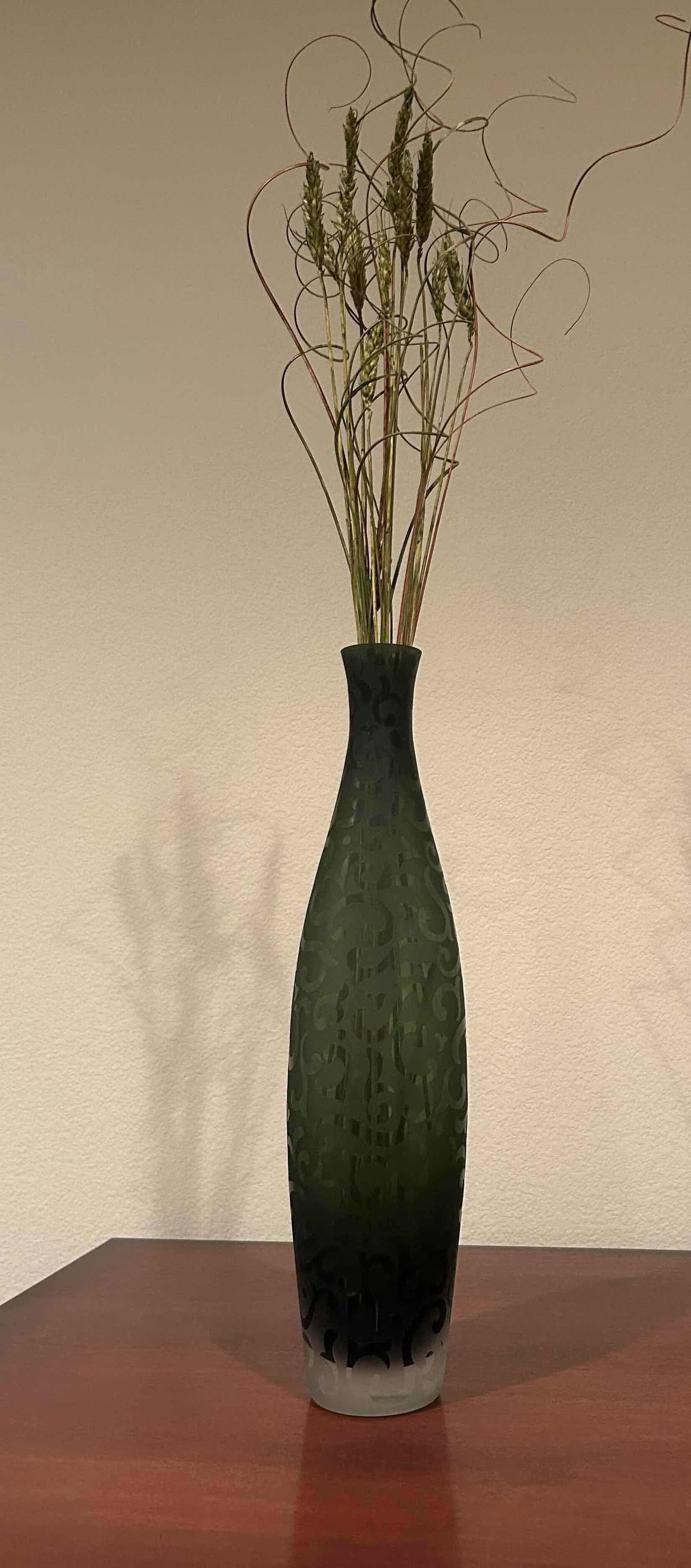 Photo 1 of DECORATIVE CERAMIC PLATTER ON STAND 20" W GREEN GLASS VASE 17"