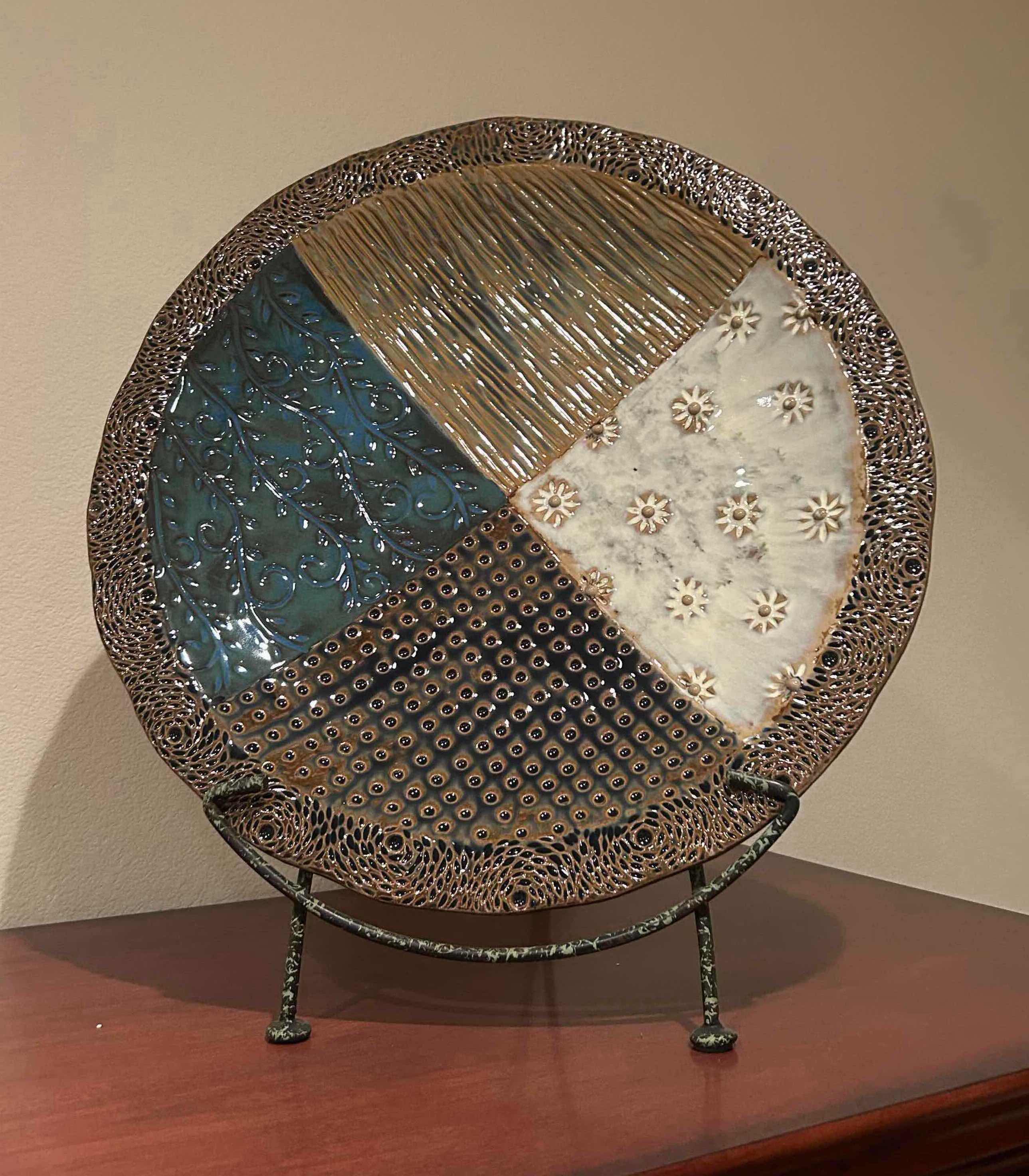 Photo 1 of DECORATIVE CERAMIC PLATTER ON STAND 20" W GREEN GLASS VASE 17"