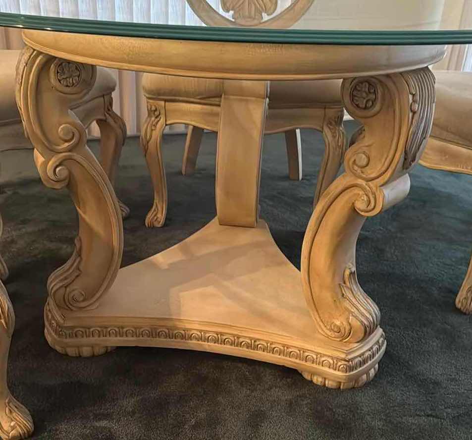 Photo 1 of 54” ROUND GLASS TOP BLONDE HEAVY WOOD PEDESTAL DINING TABLE (CHAIRS SOLD SEPARATELY)