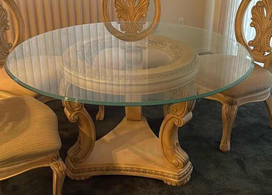 Photo 1 of 54” ROUND GLASS TOP BLONDE HEAVY WOOD PEDESTAL DINING TABLE (CHAIRS SOLD SEPARATELY)