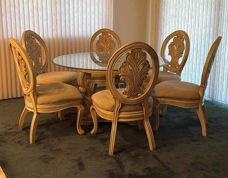 Photo 1 of 54” ROUND GLASS TOP BLONDE HEAVY WOOD PEDESTAL DINING TABLE (CHAIRS SOLD SEPARATELY)