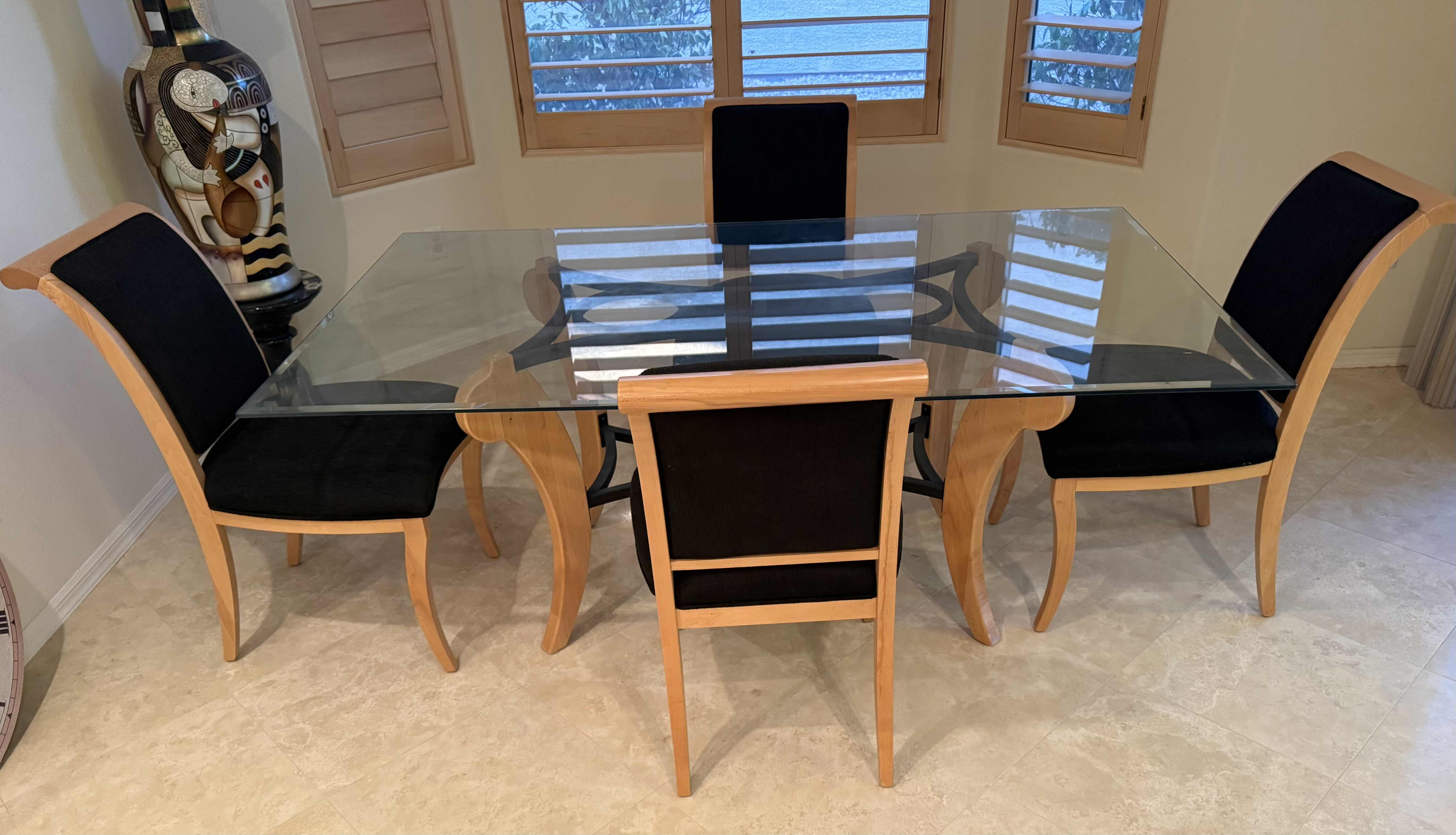 Photo 1 of BLONDE WOODEN W BLACK IRON BASE & GLASS TOP TABLE W 4 BLACK FABRIC SIDE CHAIRS 72”x43” H30”
