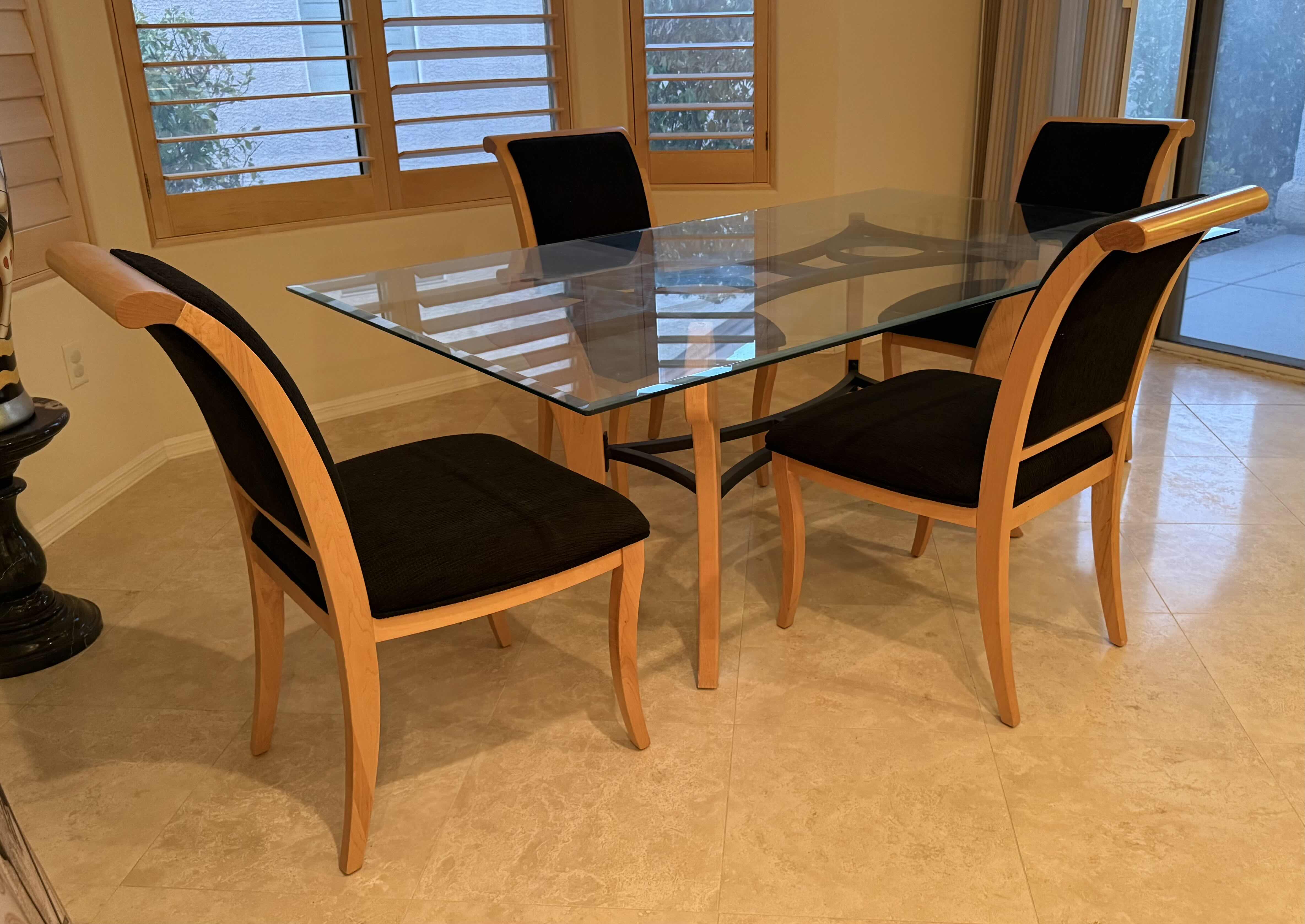 Photo 1 of BLONDE WOODEN W BLACK IRON BASE & GLASS TOP TABLE W 4 BLACK FABRIC SIDE CHAIRS 72”x43” H30”