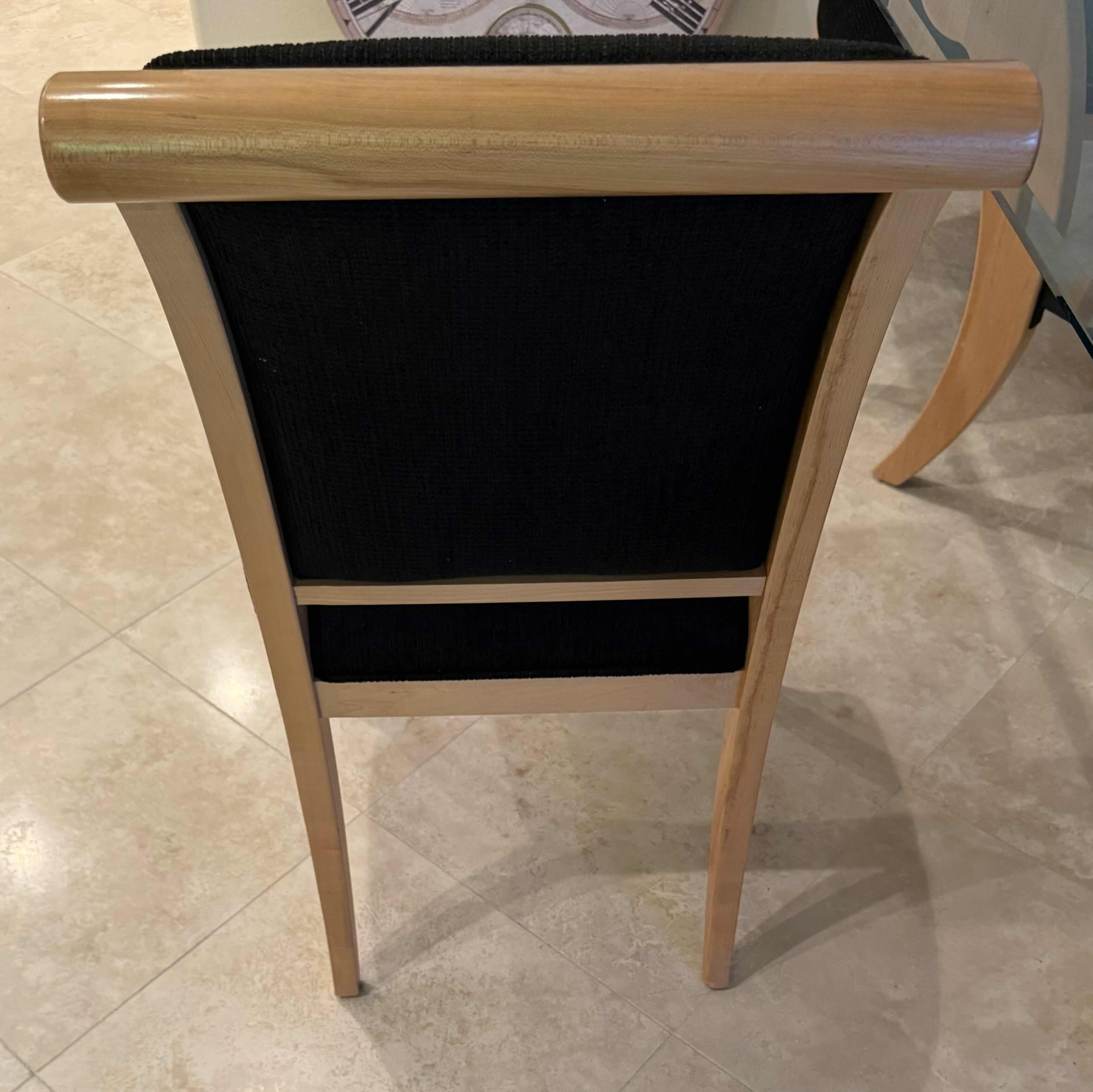 Photo 1 of BLONDE WOODEN W BLACK IRON BASE & GLASS TOP TABLE W 4 BLACK FABRIC SIDE CHAIRS 72”x43” H30”