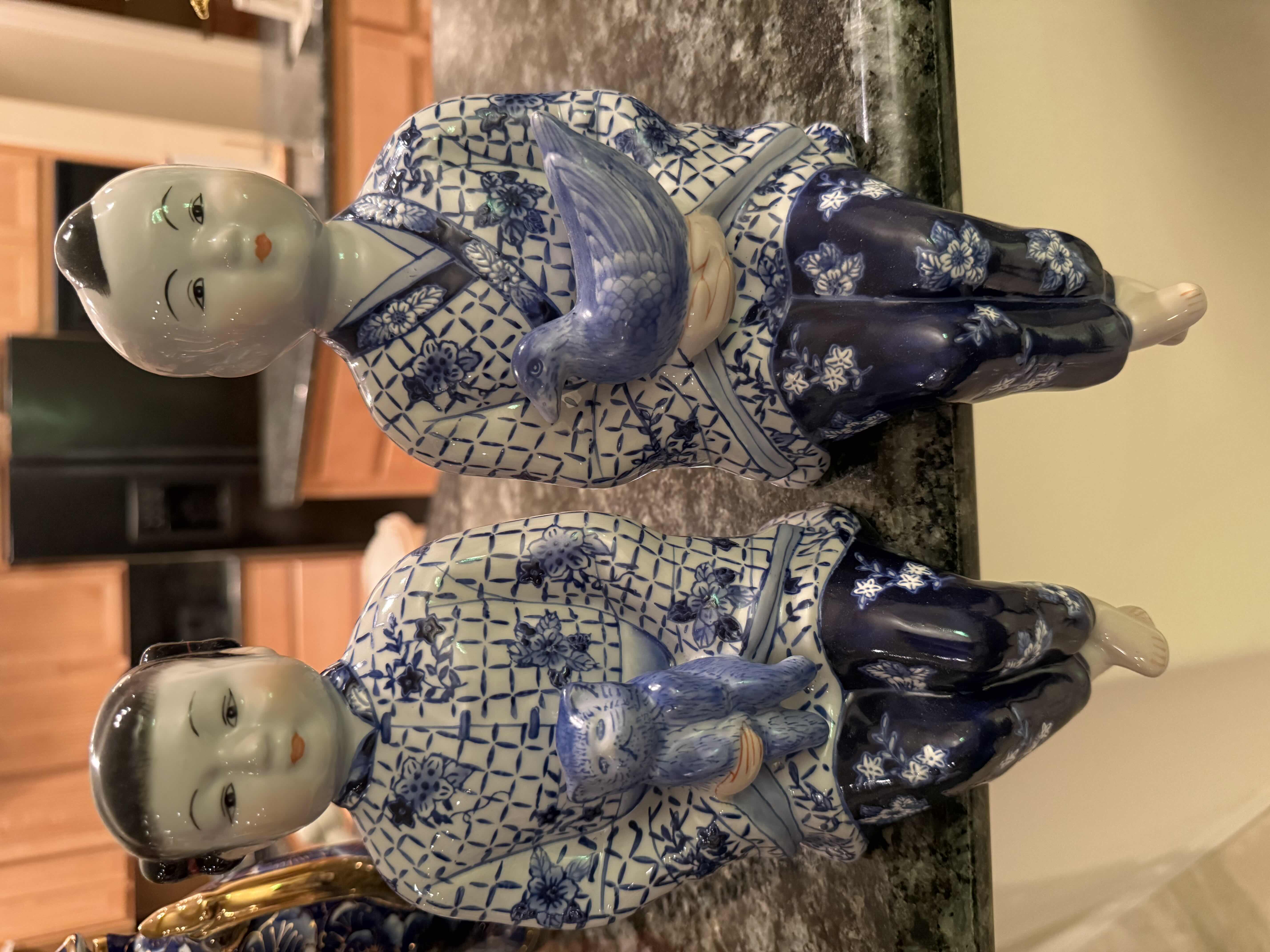 Photo 1 of 2-PORCELAIN BLUE & WHITE SITTING ORIENTAL FIGURINES H12”