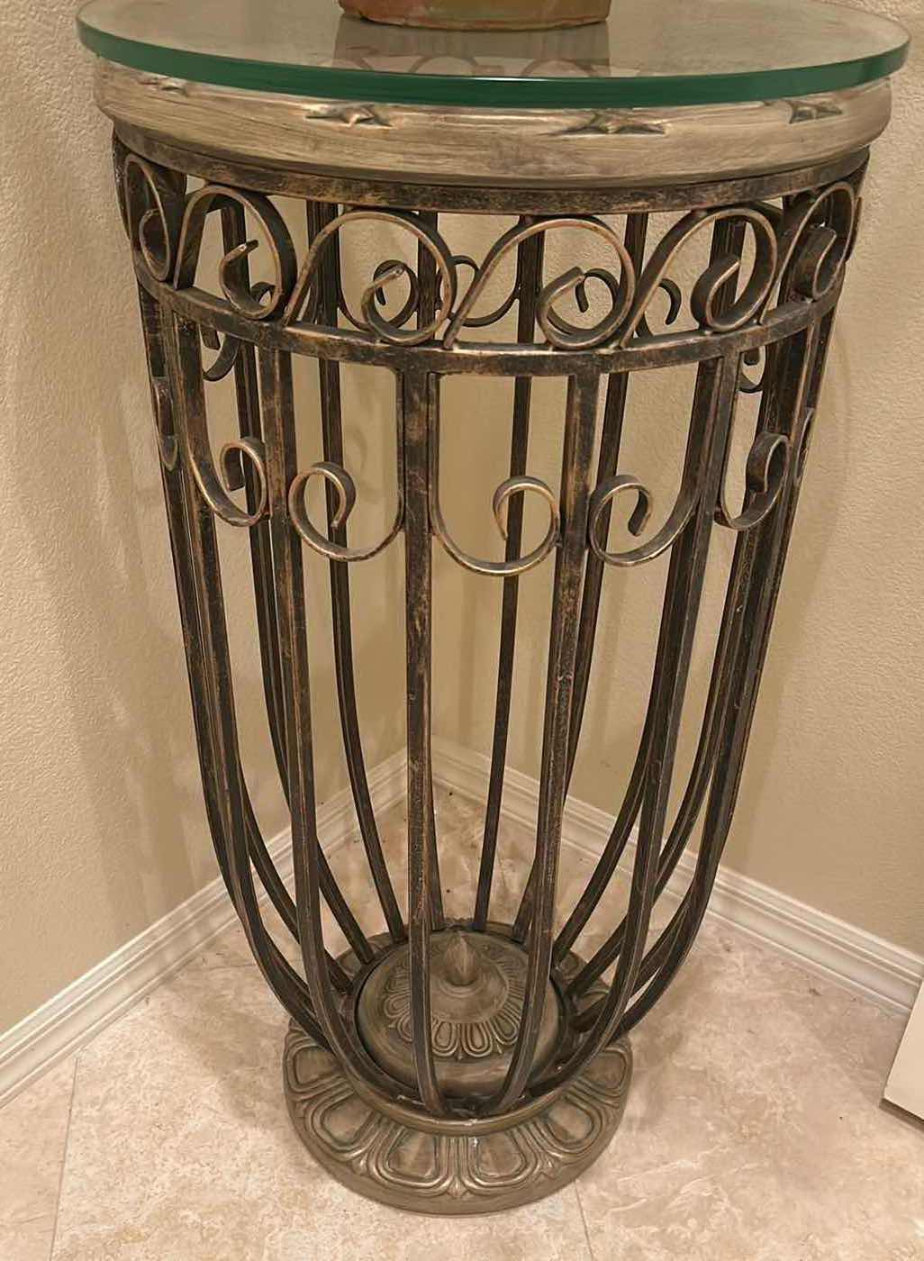 Photo 1 of 17" GLASS ROUND TOP ACCENT TABLE W ORNATE SCROLL WORK METAL BASE H 36"