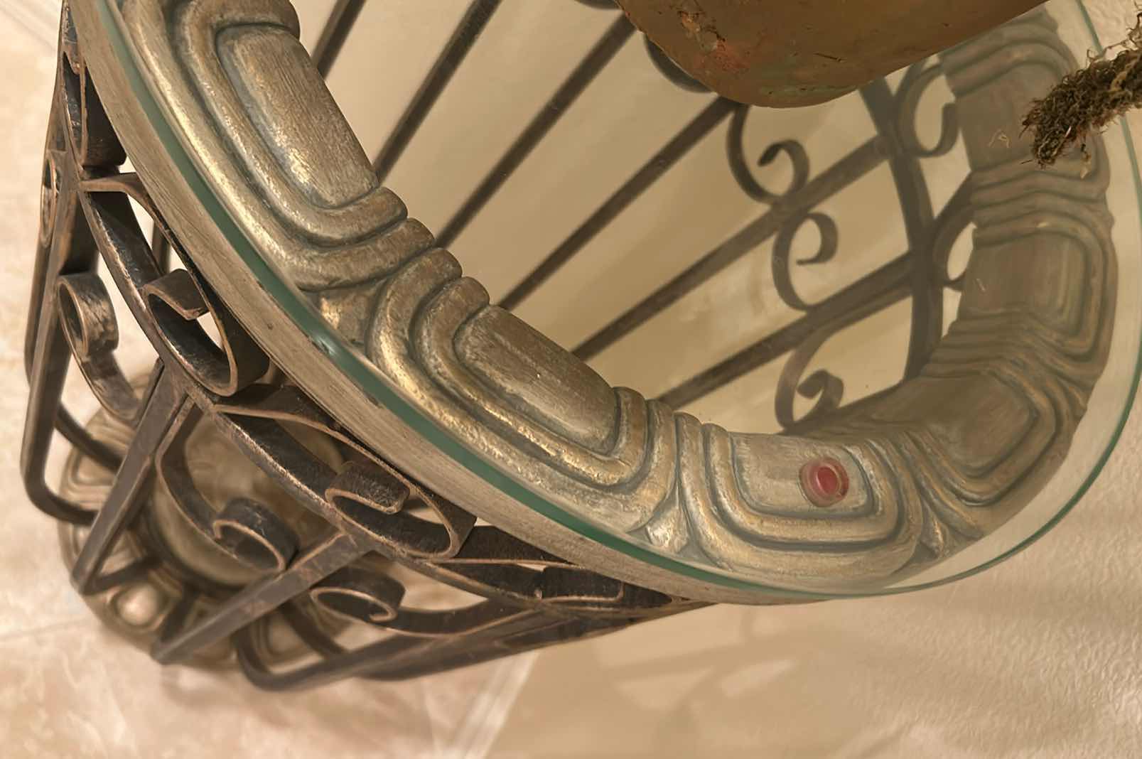 Photo 1 of 17" GLASS ROUND TOP ACCENT TABLE W ORNATE SCROLL WORK METAL BASE H 36"