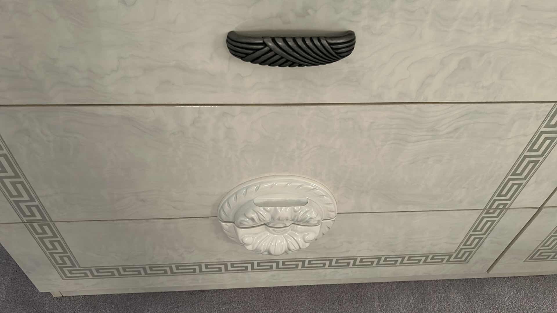 Photo 1 of AIDA WHITE/SILVER VENEER DRESSER SHINY FINISH W MATCHING MIRROR 72" X 20" H 32"