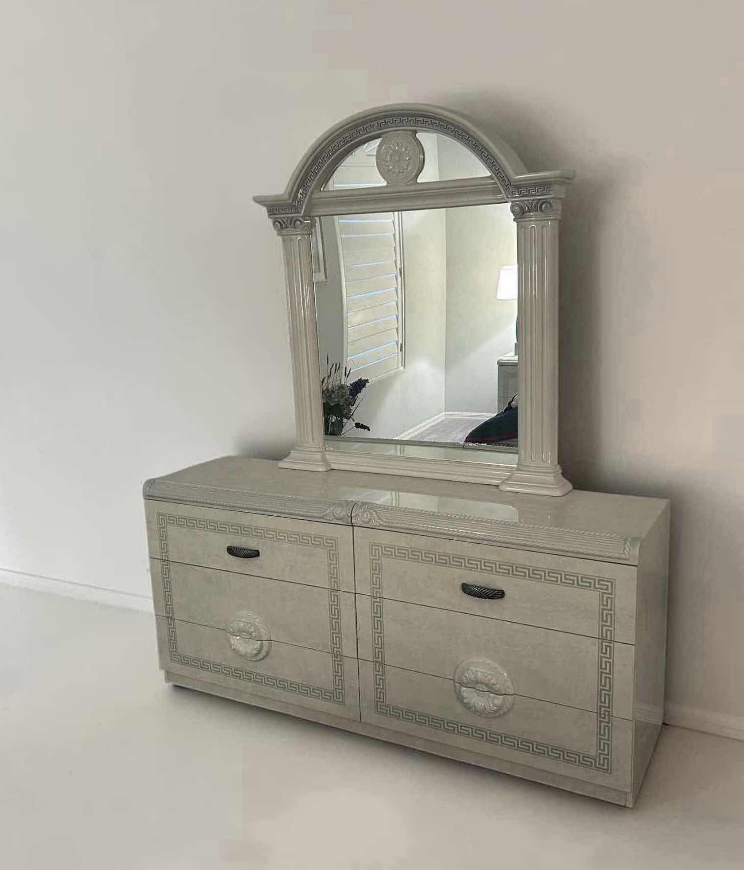 Photo 1 of AIDA WHITE/SILVER VENEER DRESSER SHINY FINISH W MATCHING MIRROR 72" X 20" H 32"