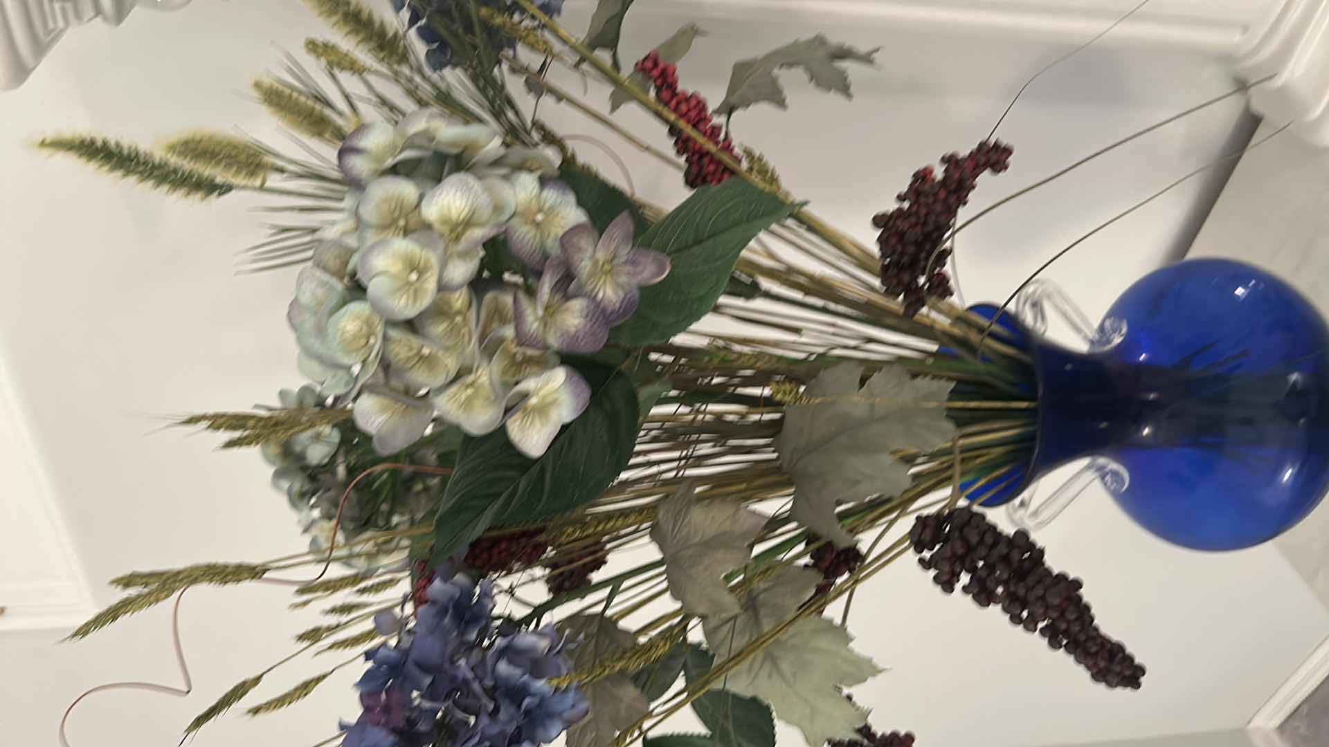 Photo 1 of COBALT BLUE GLASS VASE W FAUX FLOWERS H 36"