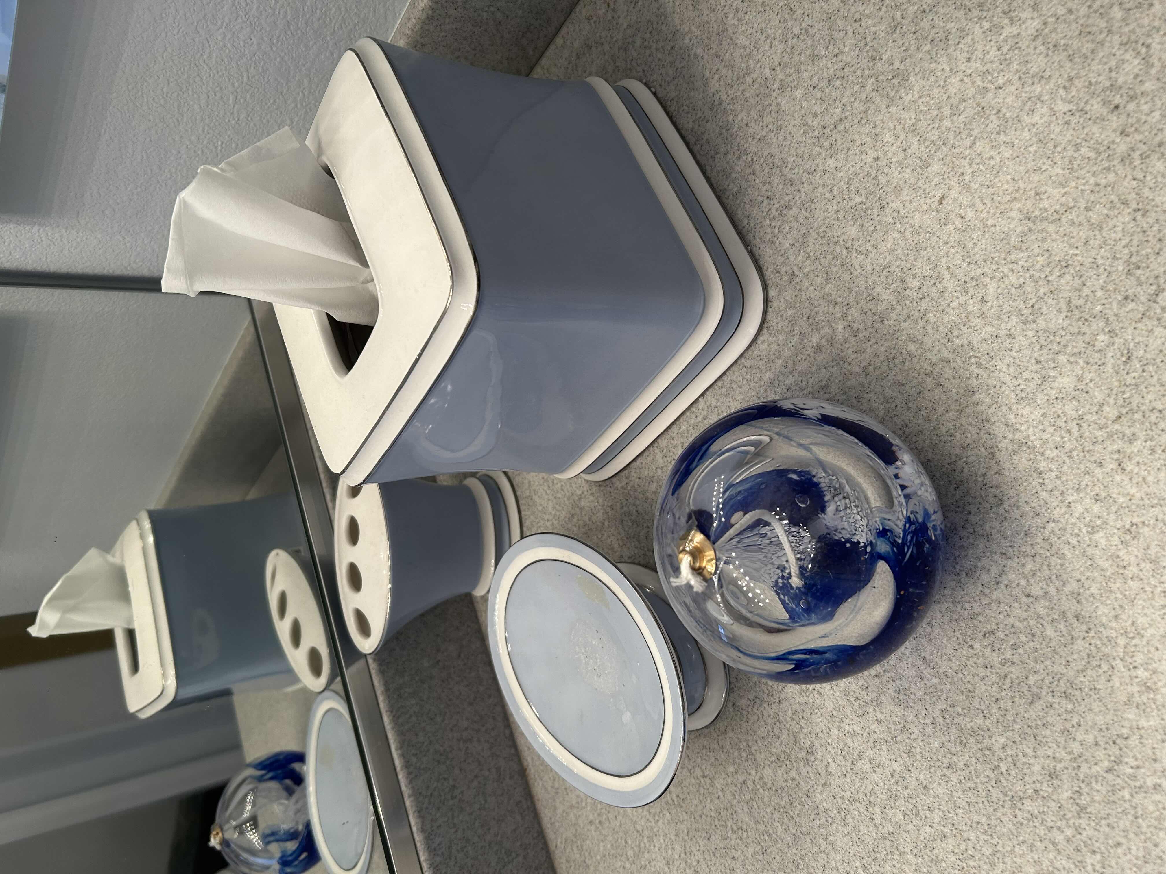 Photo 1 of LIGHT BLUE CERAMIC BATHROOM TISSUE HOLDER SOAP DISH CUPS