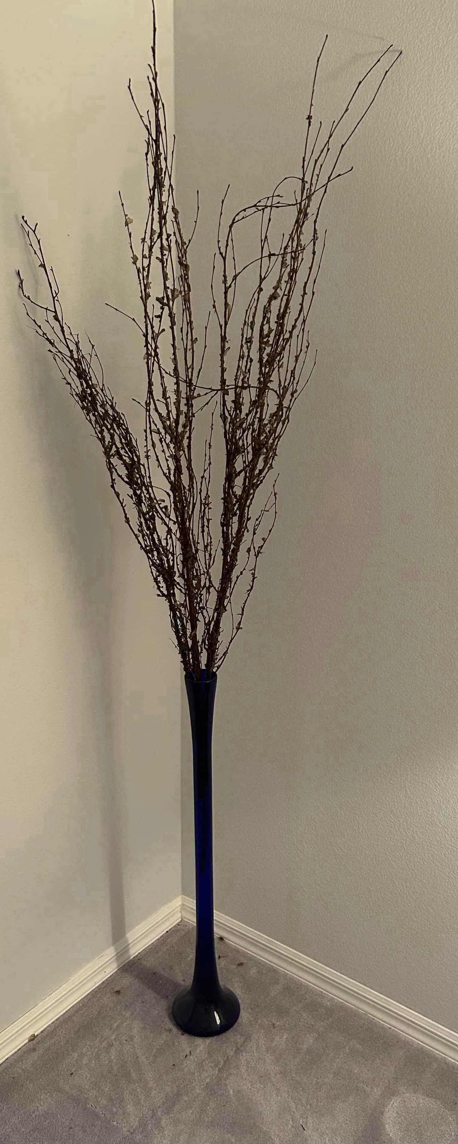 Photo 1 of BLUE GLASS TALL SLENDER VASE W FAUX REEDS H 74"