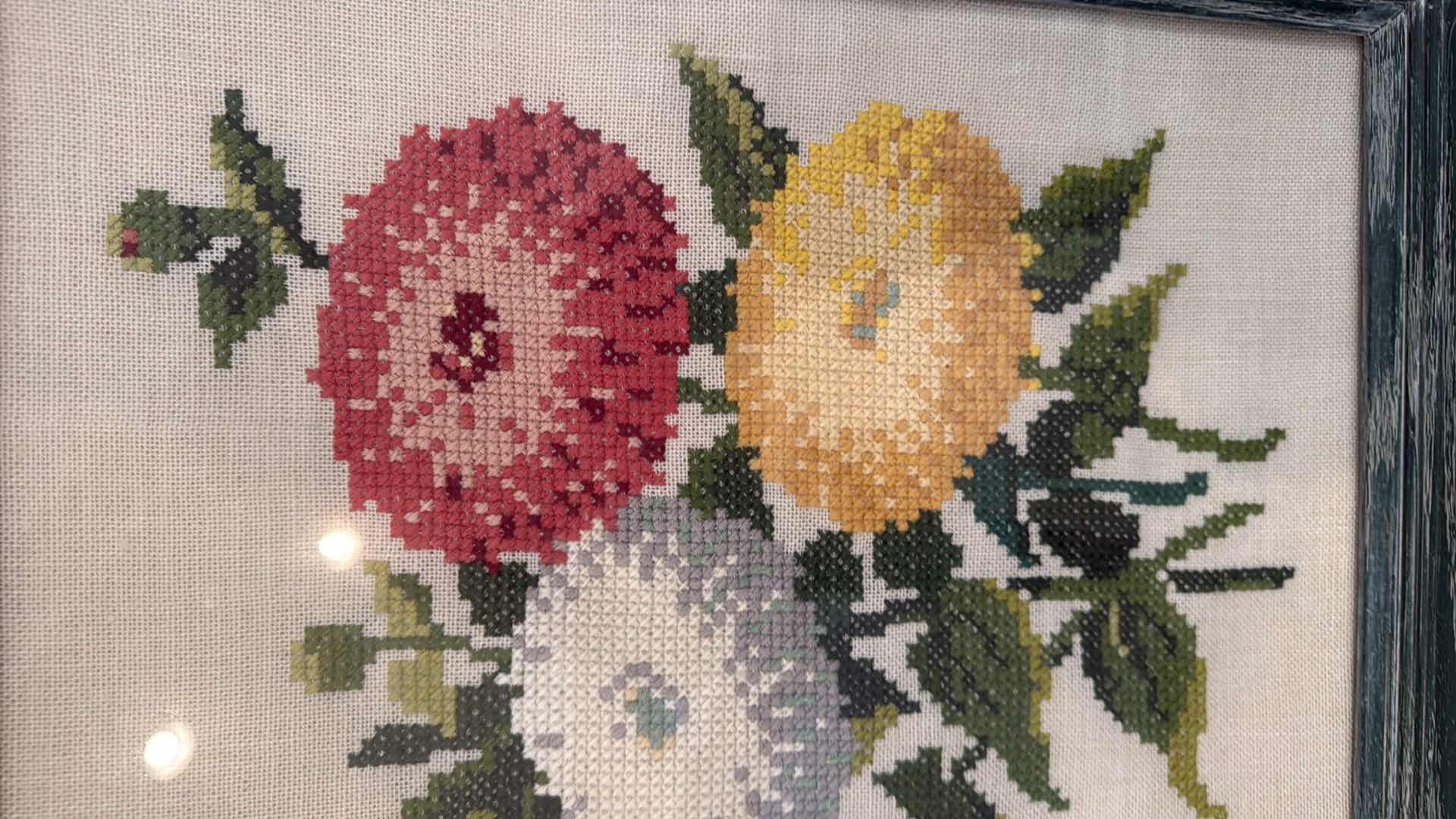 Photo 1 of GREEN WOOD FRAMED FLORAL NEEDLEPOINT ARTWORK 15”x19”