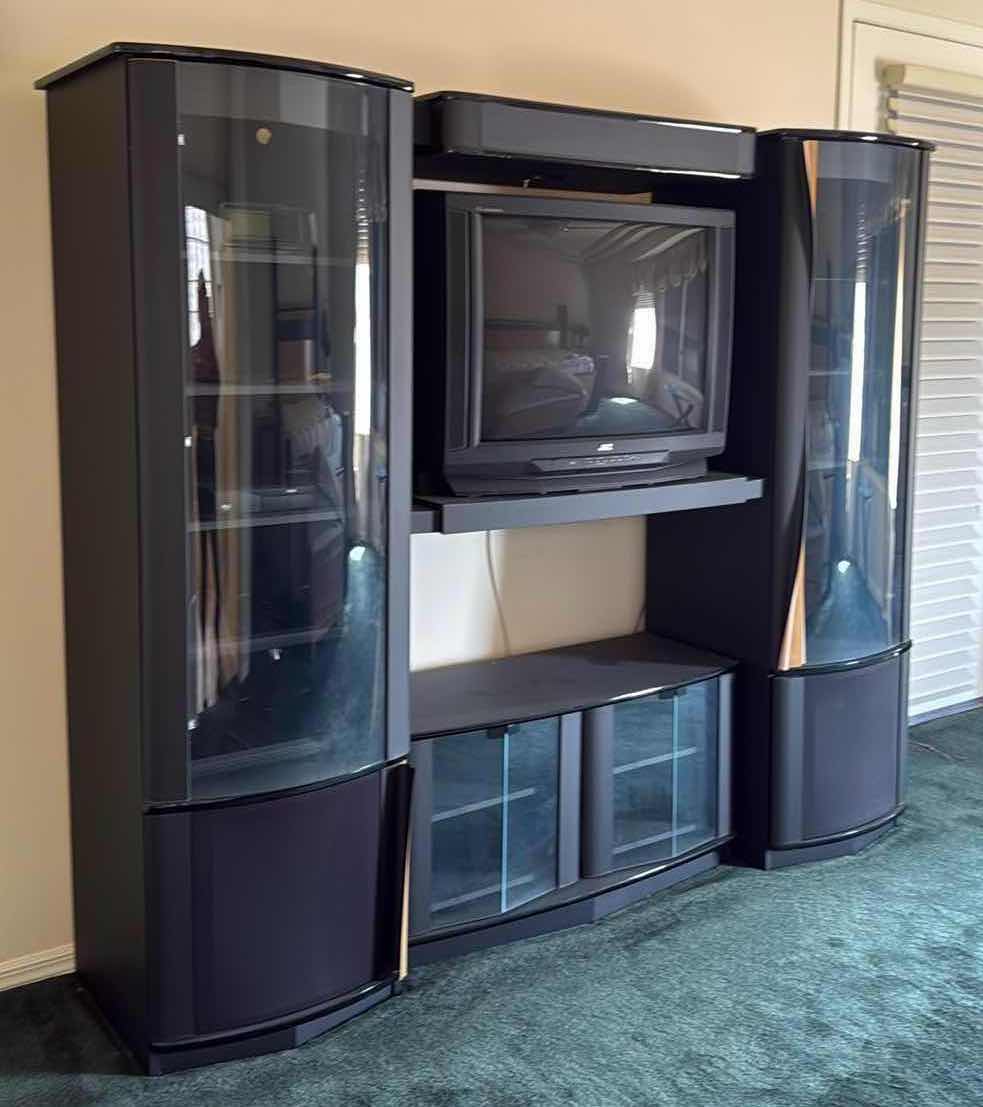 Photo 1 of BLACK ENTERTAINMENT CENTER W ALL ELECTRONICS (84”x21” H77”)