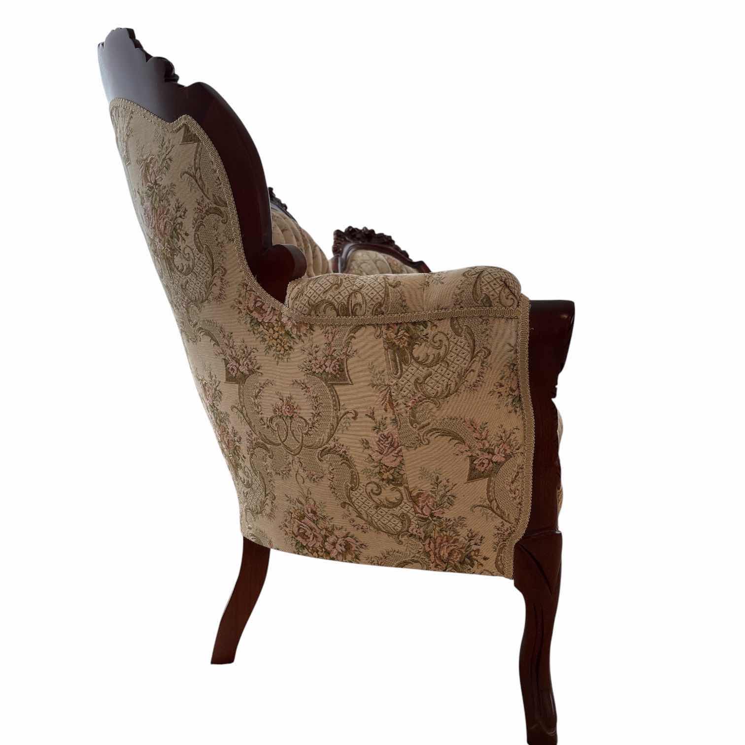 Photo 1 of ANTIQUE VICTORIAN STYLE SOFA W MAHOGANY FRAME AND PLEATED FLORAL UPHOLSTERY 68”X20.5”H40