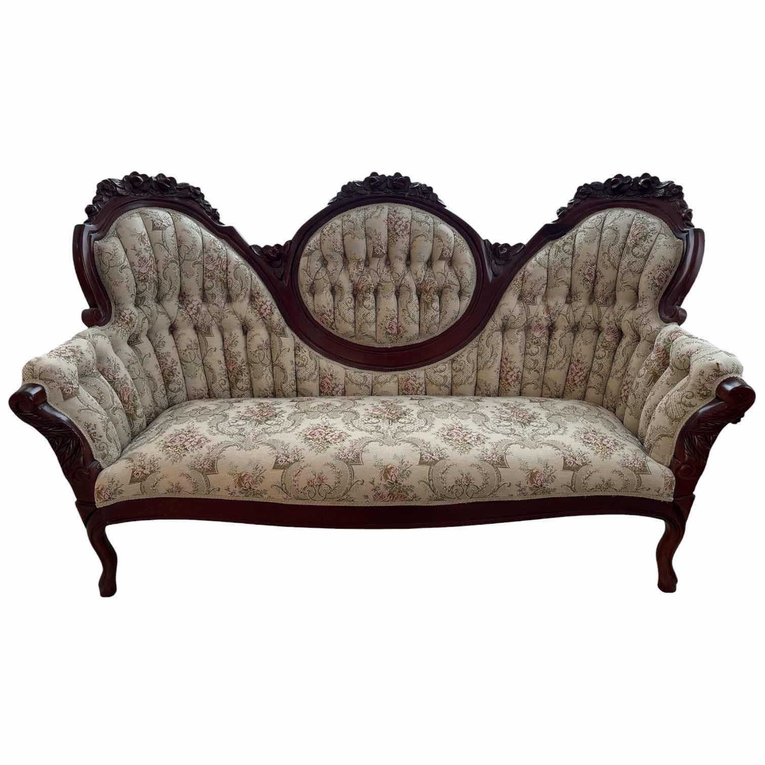 Photo 1 of ANTIQUE VICTORIAN STYLE SOFA W MAHOGANY FRAME AND PLEATED FLORAL UPHOLSTERY 68”X20.5”H40