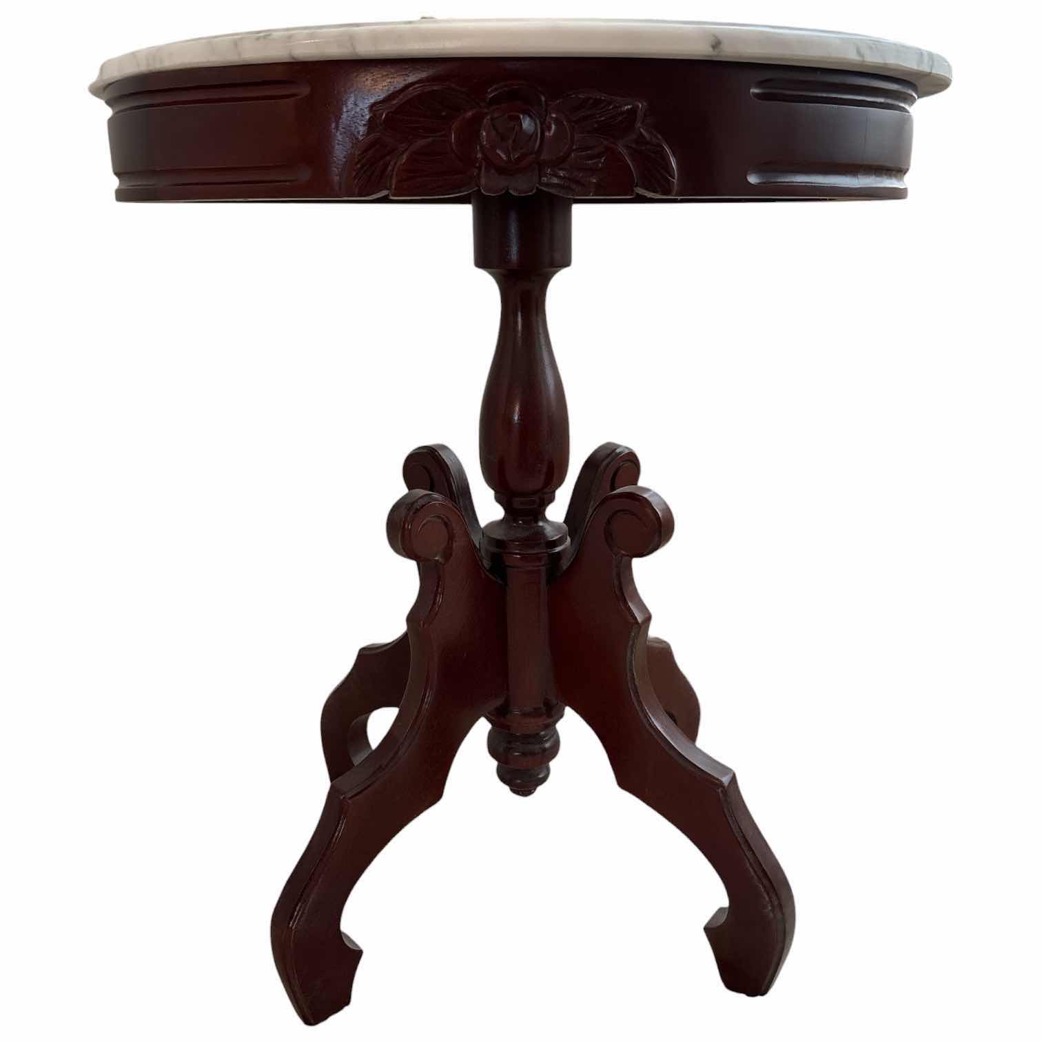 Photo 1 of VICTORIAN STYLE MAHOGANY PEDESTAL W WHITE MARBLE TOP AND CARVED ROSE EMBELLISHMENTS 22”X16”H24.5”