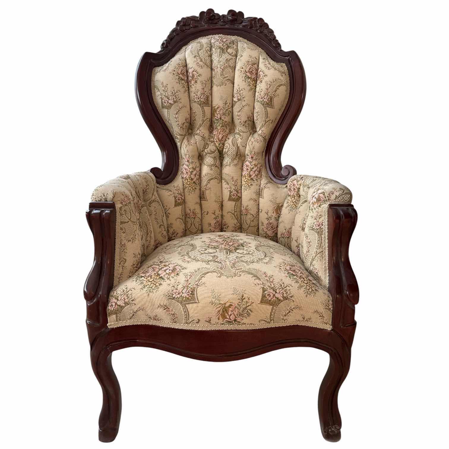 Photo 1 of ANTIQUE VICTORIAN MAHOGANY PARLOR CHAIR W FLORAL UPHOLSTERY SEAT H16.5” TOTAL H44”