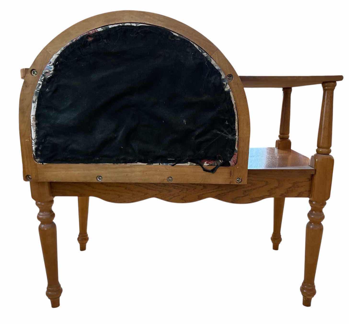Photo 1 of VINTAGE POWELL TELEPHONE WOODEN BENCH W FLORAL PATTERN UPHOLSTERY 36.5”X19”H34”
