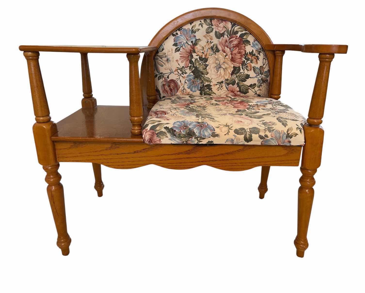 Photo 1 of VINTAGE POWELL TELEPHONE WOODEN BENCH W FLORAL PATTERN UPHOLSTERY 36.5”X19”H34”