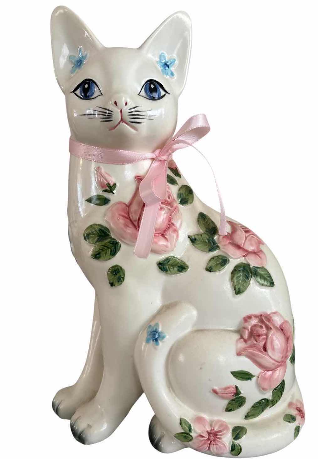 Photo 1 of VINTAGE NORLEANS CERAMIC CAT W PINK ROSES H12”