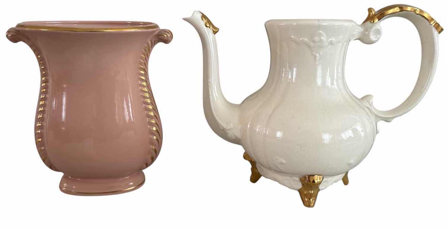Photo 1 of (2)PCS VINTAGE IVORY AND PINK W GOLD EMBELLISHMENT PITCHER H9”