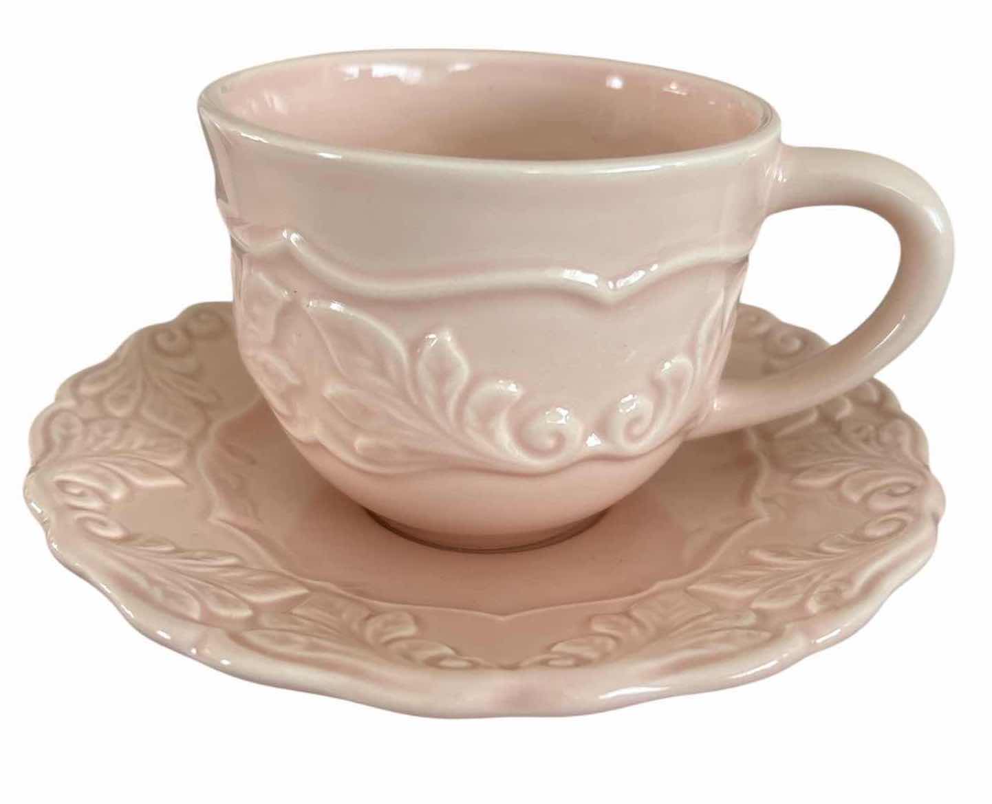 Photo 1 of (4)PCS PORTUGAL CERAMICS ROSE COLOR TEACUPS W SAUCERS H3”