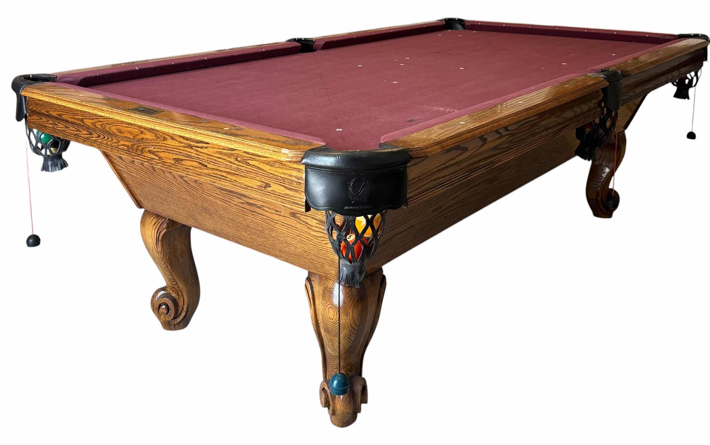 Photo 1 of WORLD OF LEISURE WOODEN POOL TABLE WITH RAMS HORN LEGS & LEATHER POCKETS (MISSING 8 BALL) $2695