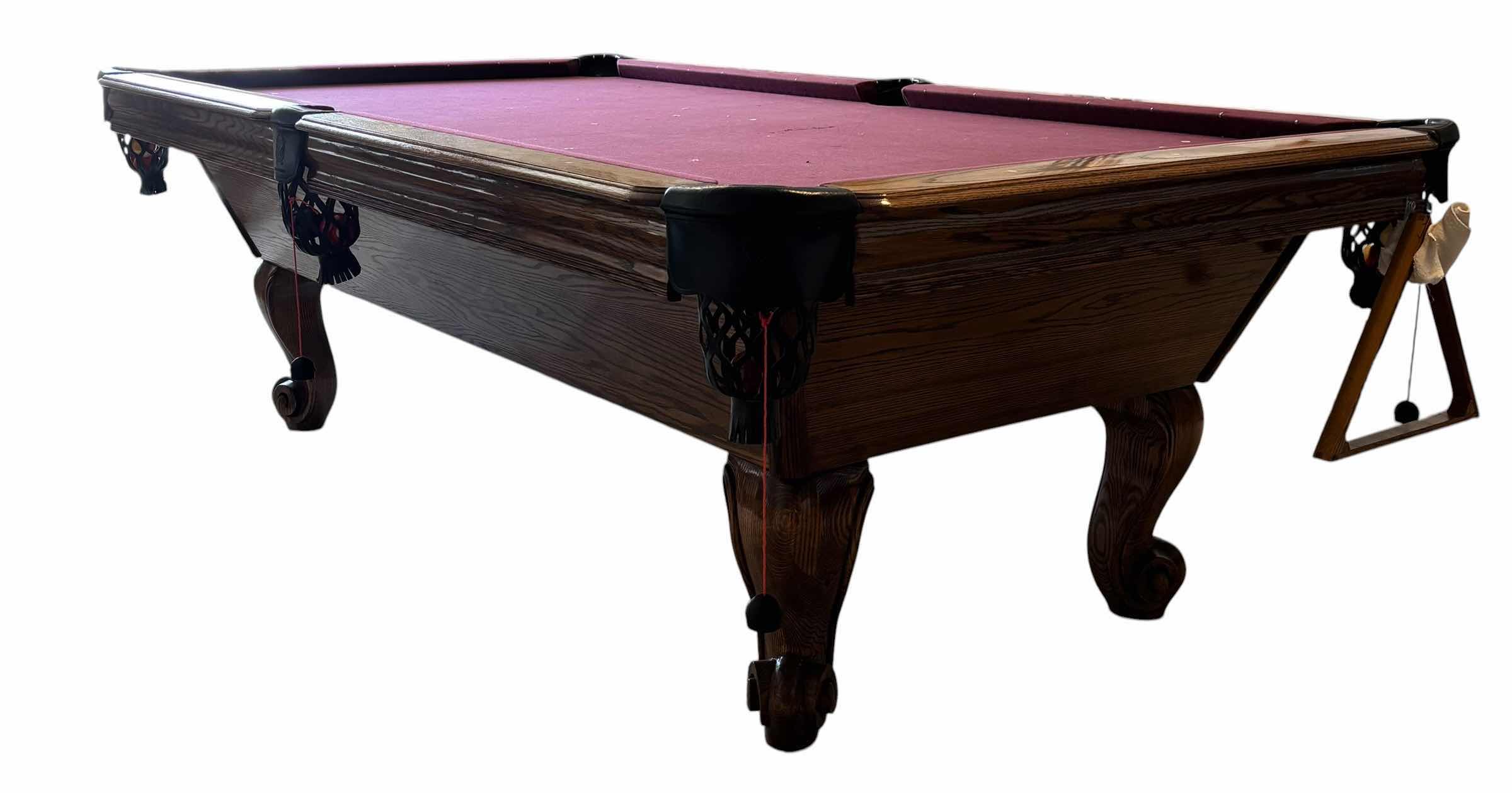 Photo 1 of WORLD OF LEISURE WOODEN POOL TABLE WITH RAMS HORN LEGS & LEATHER POCKETS (MISSING 8 BALL) $2695