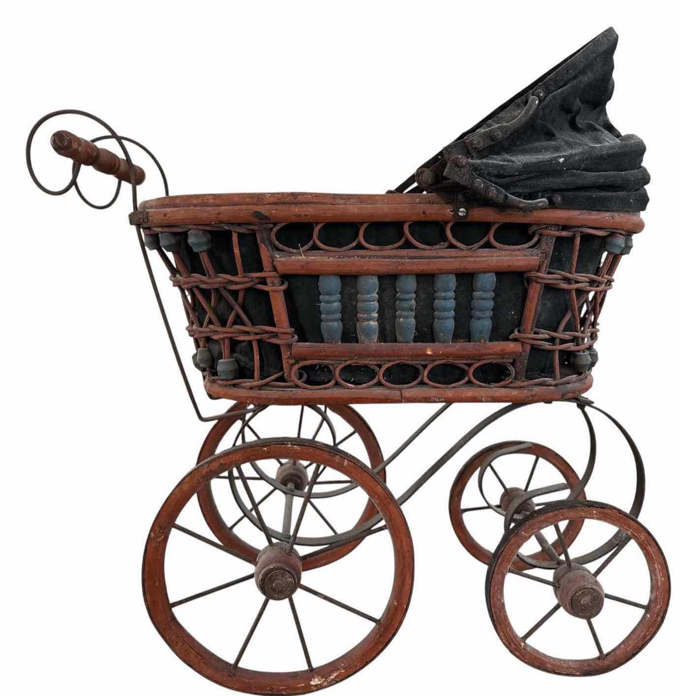 Photo 1 of VINTAGE VICTORIAN STYLE DOLL CARRIAGE WICKEN RATTAN H17”