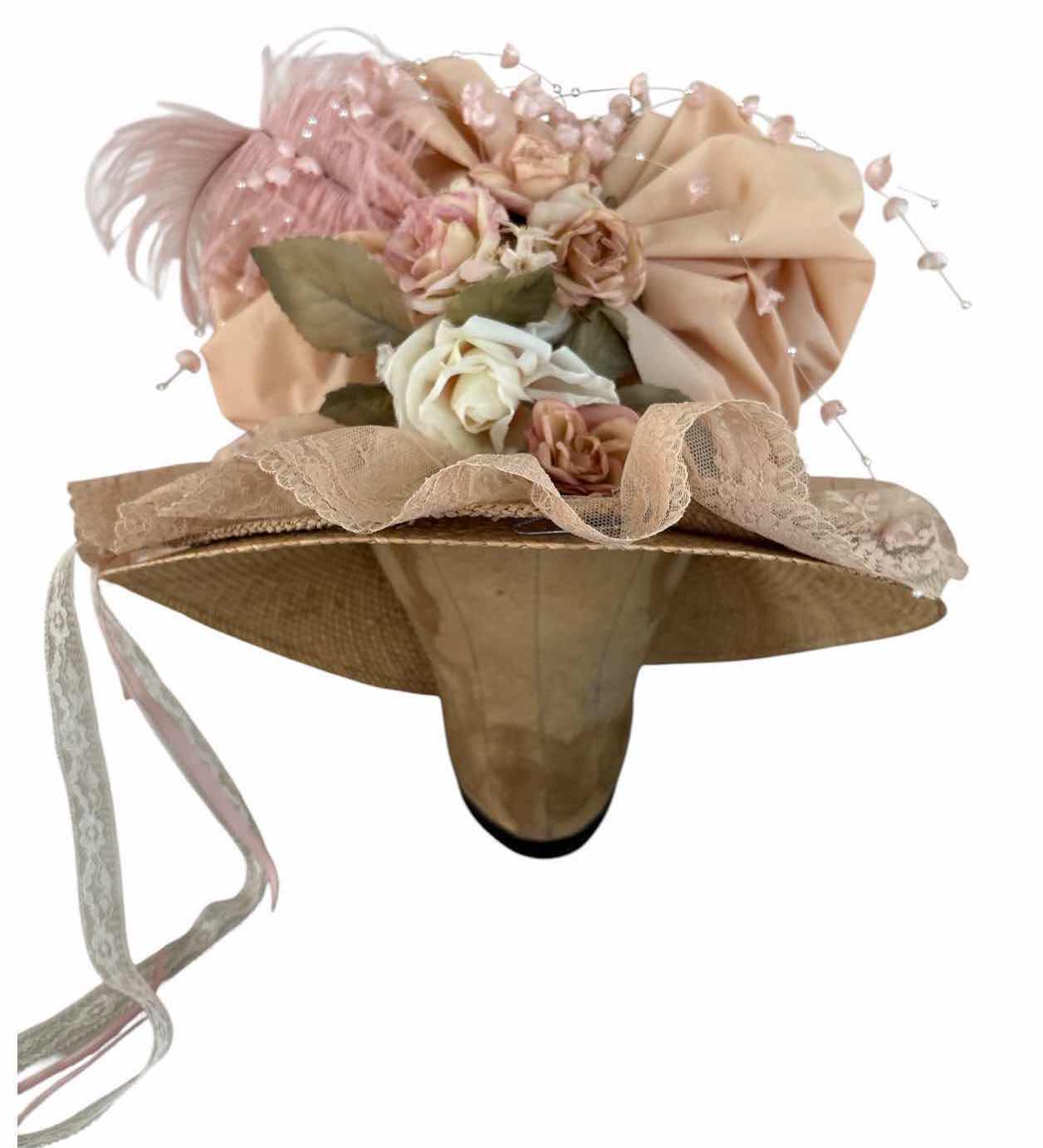 Photo 1 of (2)PCS VINTAGE STRAW HAT DECORATED W PINK ROSES AND FEATHERS D12”