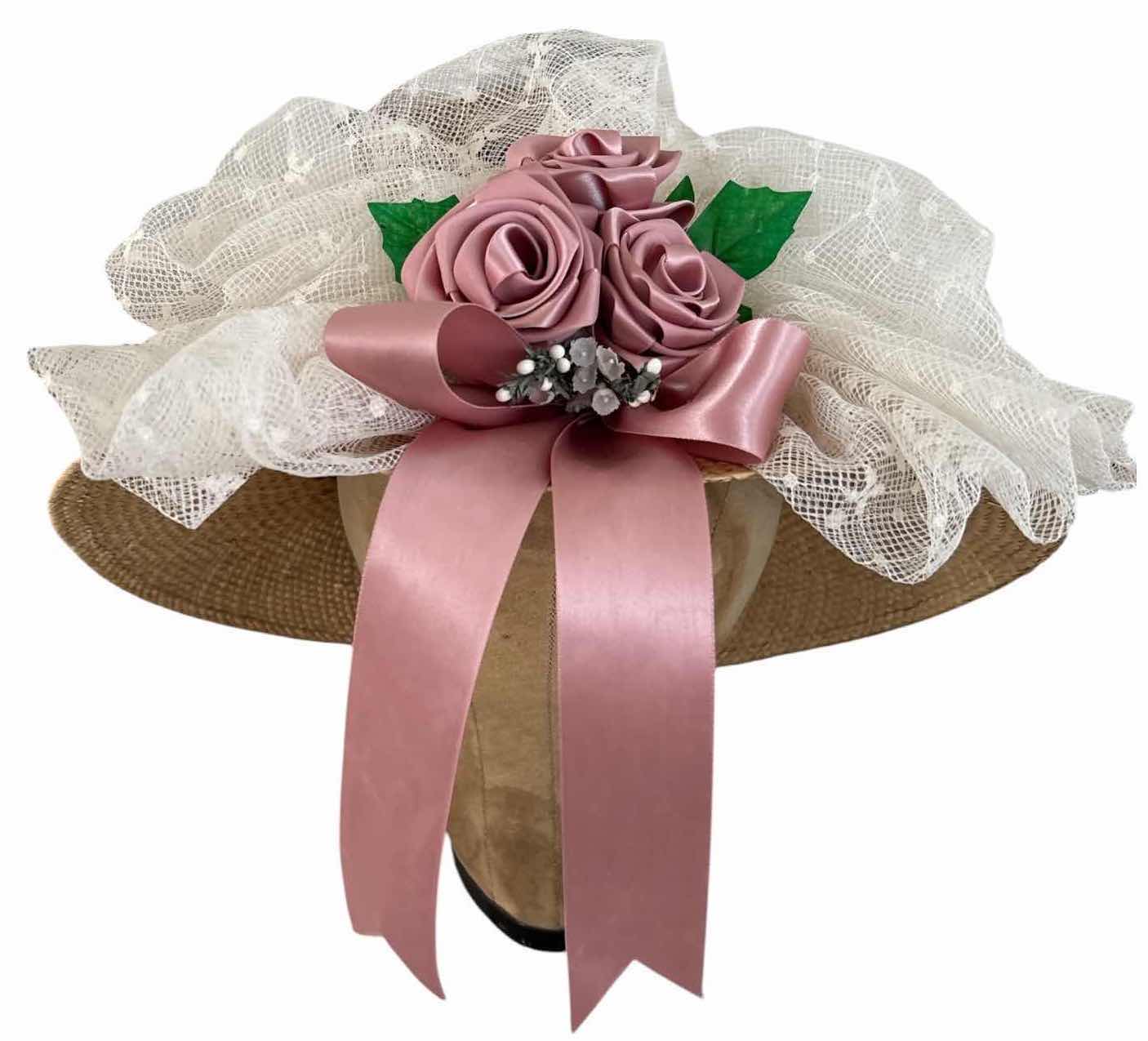 Photo 1 of (2)PCS VINTAGE STRAW HAT DECORATED W PINK ROSES AND FEATHERS D12”