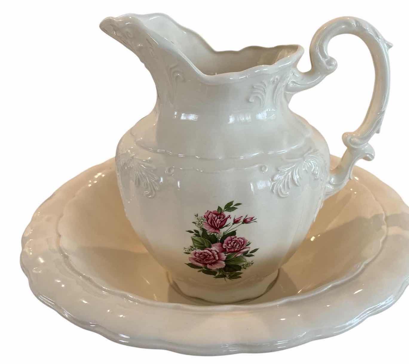 Photo 1 of VINTAGE ARNELS WHITE PINK ROSE FLORAL CERAMIC PITCHER & BASIN H10.5”