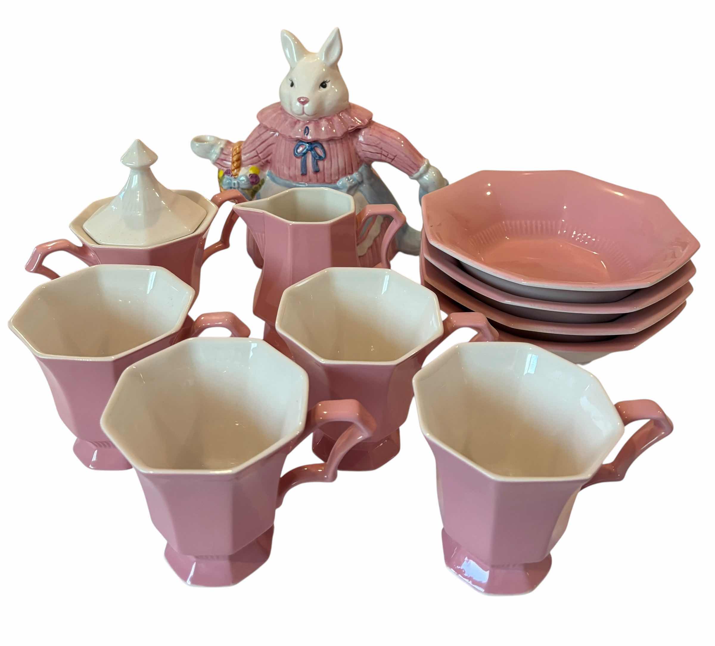 Photo 1 of INTERPACE INDEPENDENCE IRONSTONE DISH SET WITH SEYMOUR MANN RABBIT TEAPOT