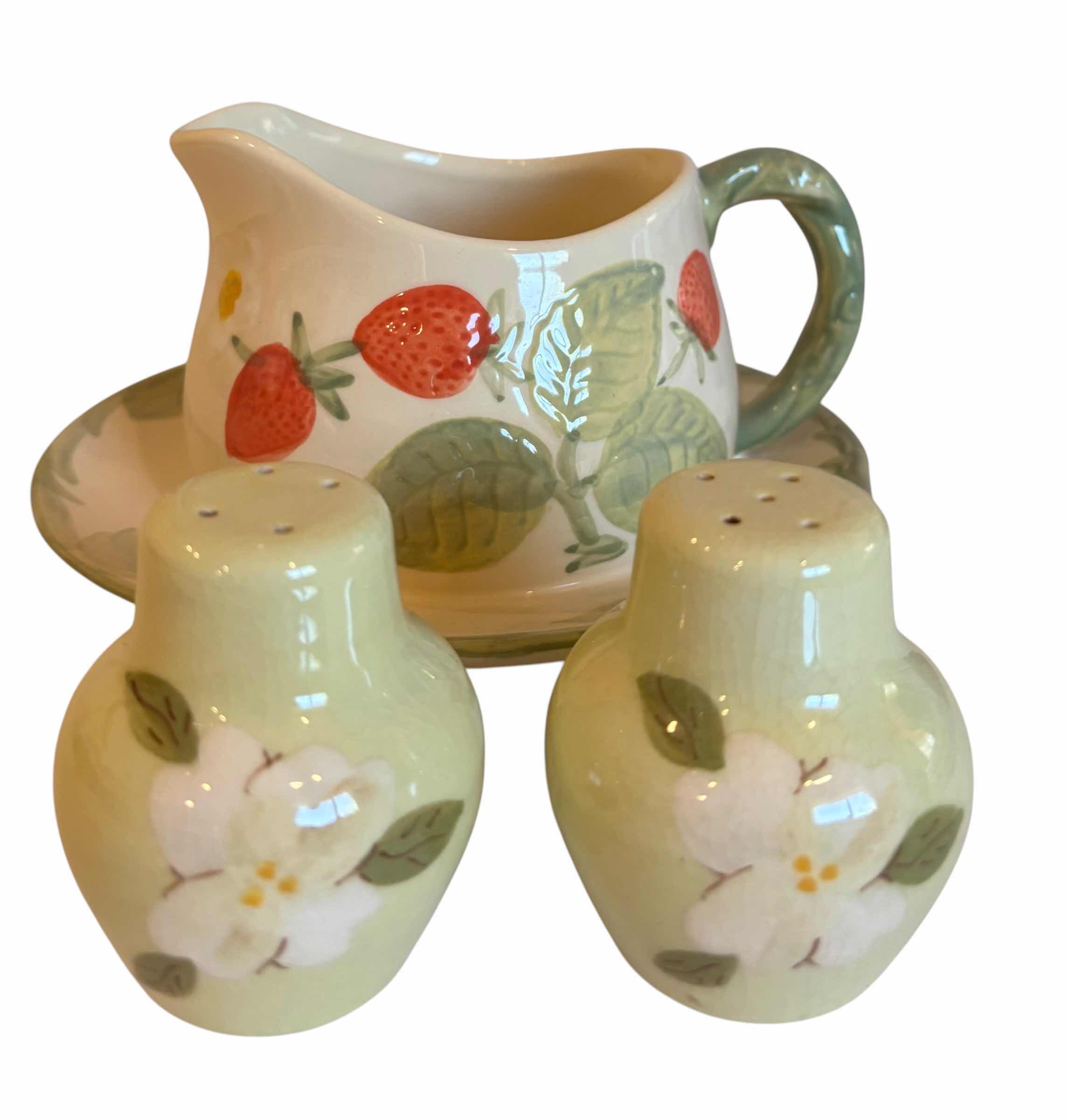 Photo 1 of VINTAGE FRANCISCAN STRAWBERRY FAIR PATTERN POTTERY GRAVY BOAT WITH ATTACHED UNDERPLATE & SALT N PEPPER SHAKERS $55