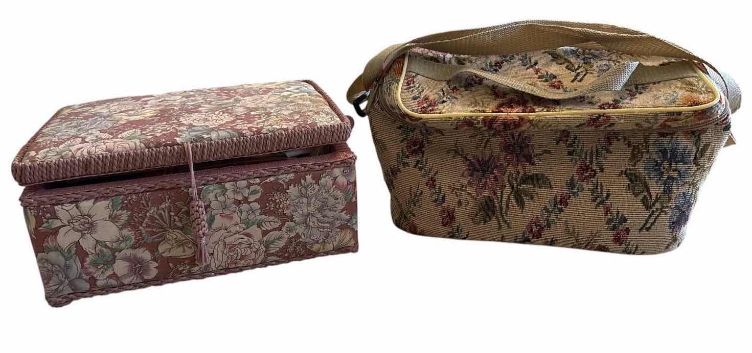 View 1 of (2)PCS VINTAGE FLORAL TAPESTRY COSMETIC BAG 10”X7.5”XH5”