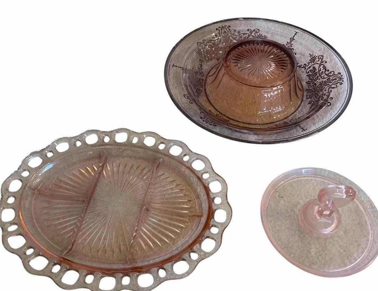 Photo 1 of (8)PCS VINTAGE PINK DEPRESSION SERVING TRAY & BOWL D13”