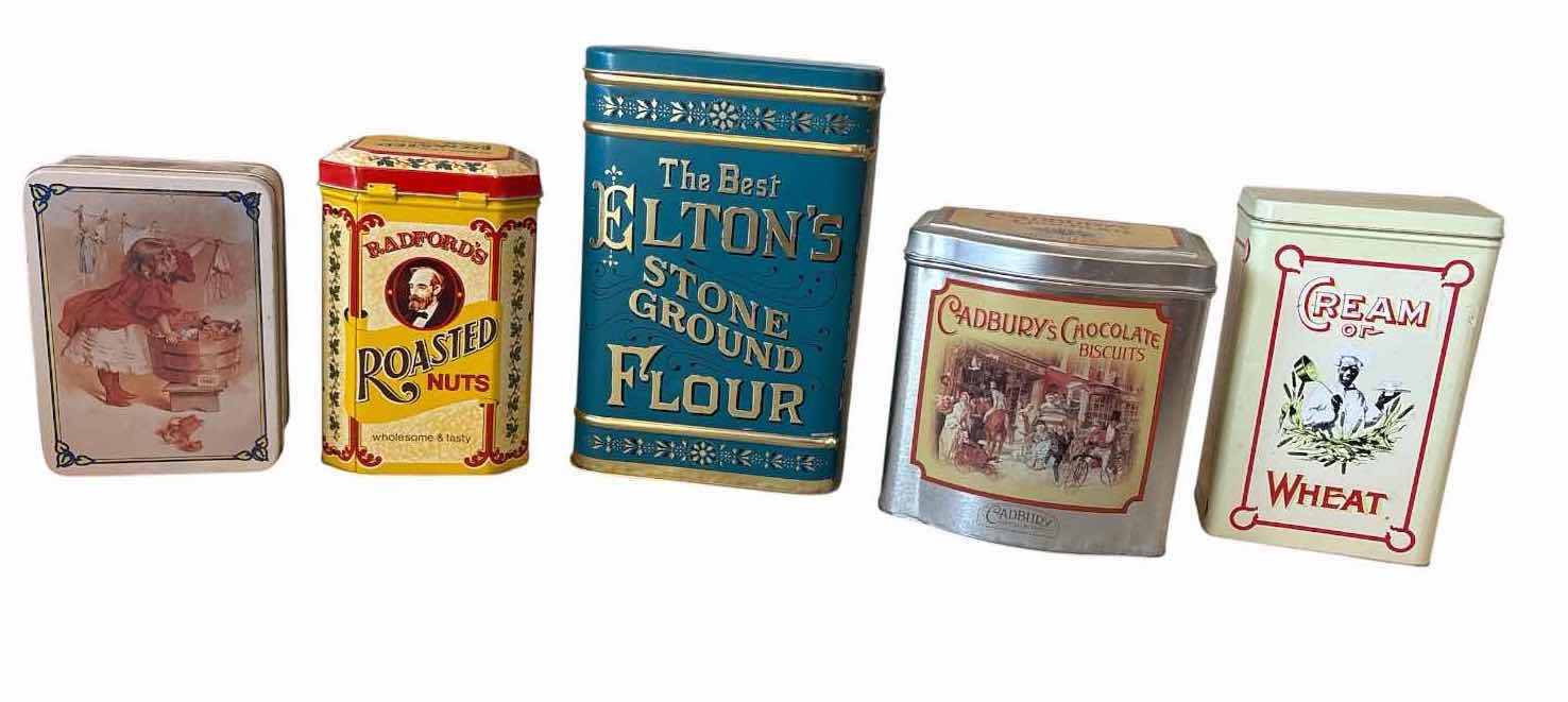 Photo 1 of (5)PCS VINTAGE ADVERTISING LITHOGRAPHED FOOD STORAGE TINS H9”