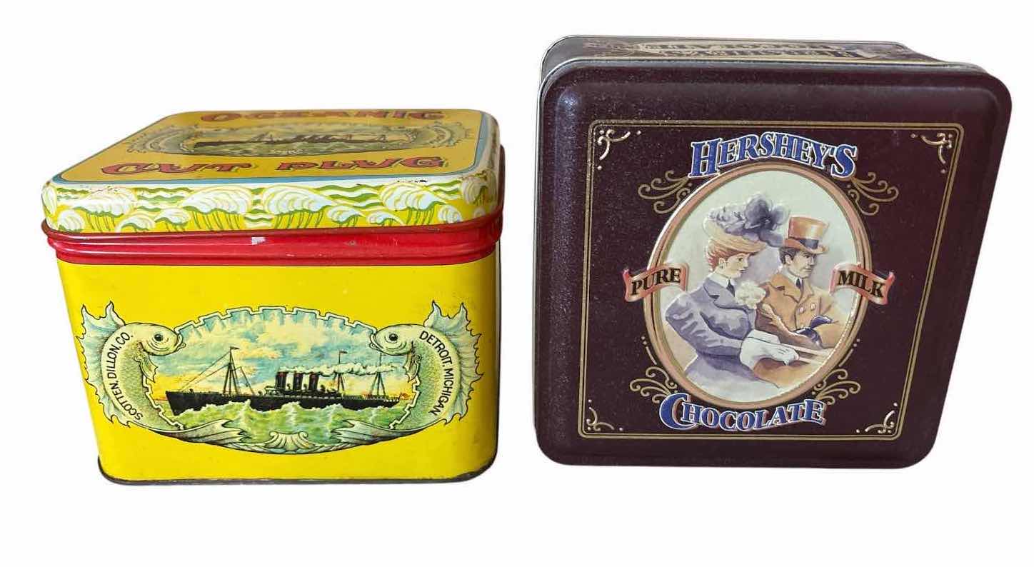 Photo 1 of (4)PCS VINTAGE LITHOGRAPHED METAL ADVERTISING TINS- LEWISONS SOAP, CADBURYS BISCUITS, OCEANIG CUT PLUG, HERSHEYS CHOCOLATE H10” $145
