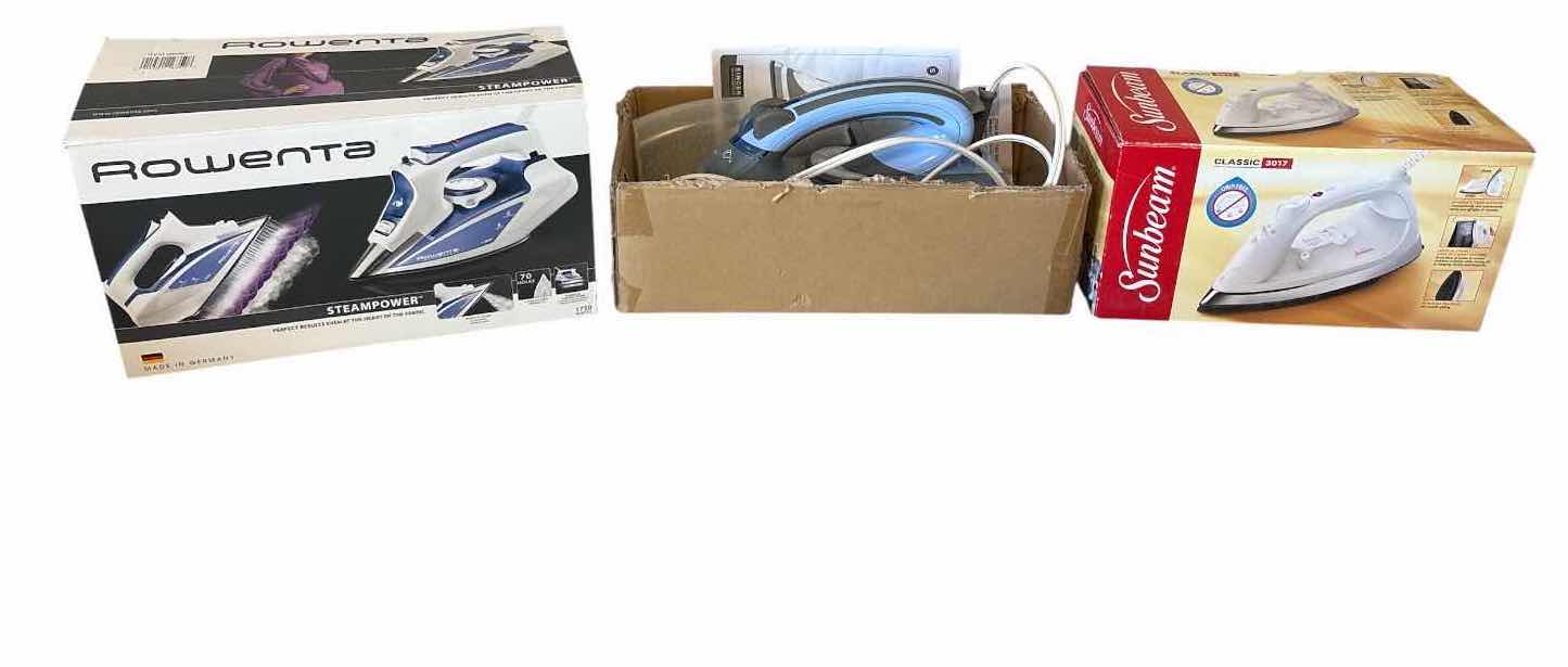 Photo 1 of (3)PCS ELECTRIC STEAM IRONS- DELONGHI, SUNBEAM AND ROWENTA
