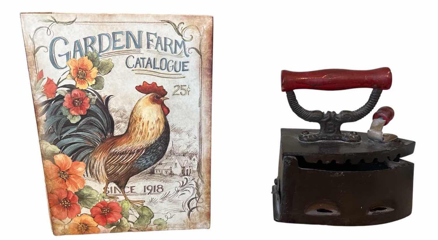 Photo 1 of (2)PCS VINTAGE CAST IRON CHARCOAL SAD IRON & ROOSTER BOOK BOX 8.25”X11”H3”