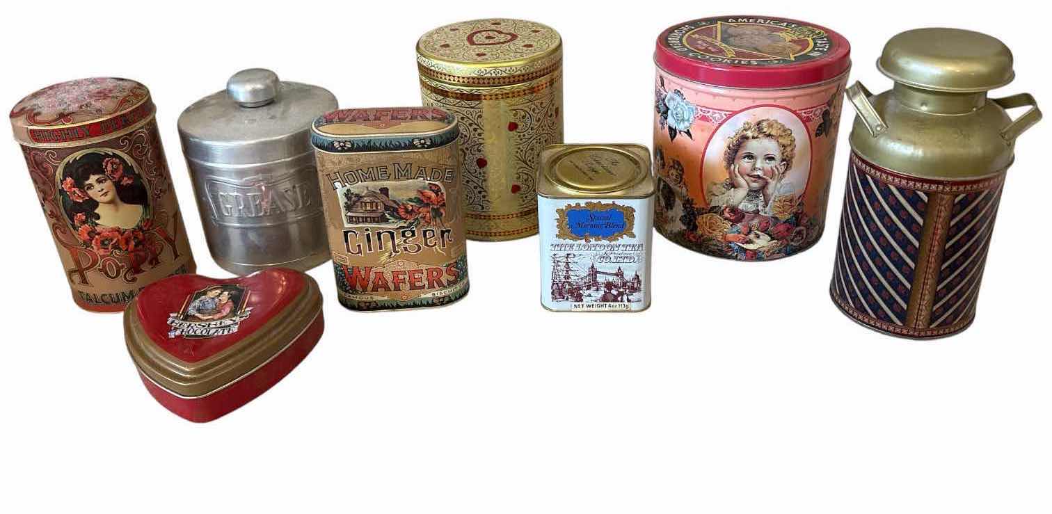 Photo 1 of (8)PCS VINTAGE METAL TINS- WAFERS, GREASE, POPPY TALCUM POWDER AND MORE H7” $165