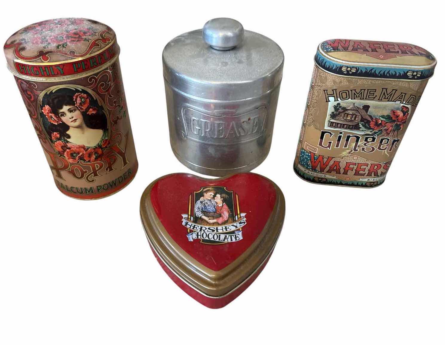 Photo 1 of (8)PCS VINTAGE METAL TINS- WAFERS, GREASE, POPPY TALCUM POWDER AND MORE H7” $165