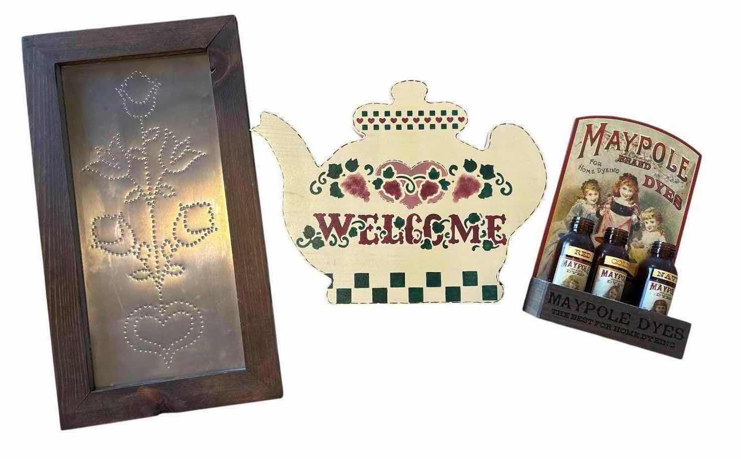 Photo 1 of (8)PCS VINTAGE PRIMITIVE AND FARMHOUSE DECOR ITEMS WASHBOARD, WALL ART, DECORATIVE PLAQUES, AND A MAYPOLE DYES DISPLAY H18”