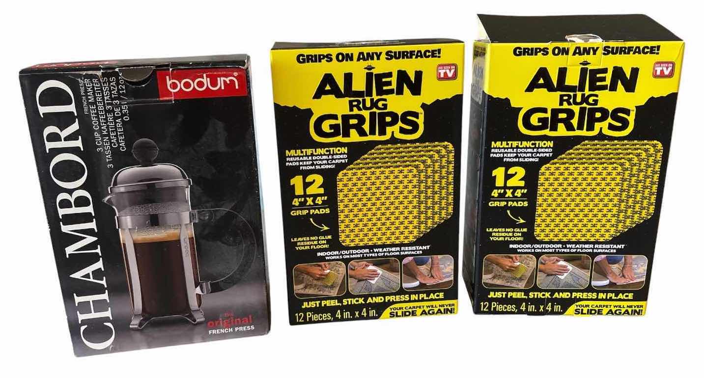 Photo 1 of (5)PCS HOUSEHOLD ITEMS- BODUM CHAMBORD FRENCH PRESS, (2) ALIEN RUG GRIPS, FACIAL TISSUES, GLOW-IN-THE-DARK CLOCKS, A POWER STRIP