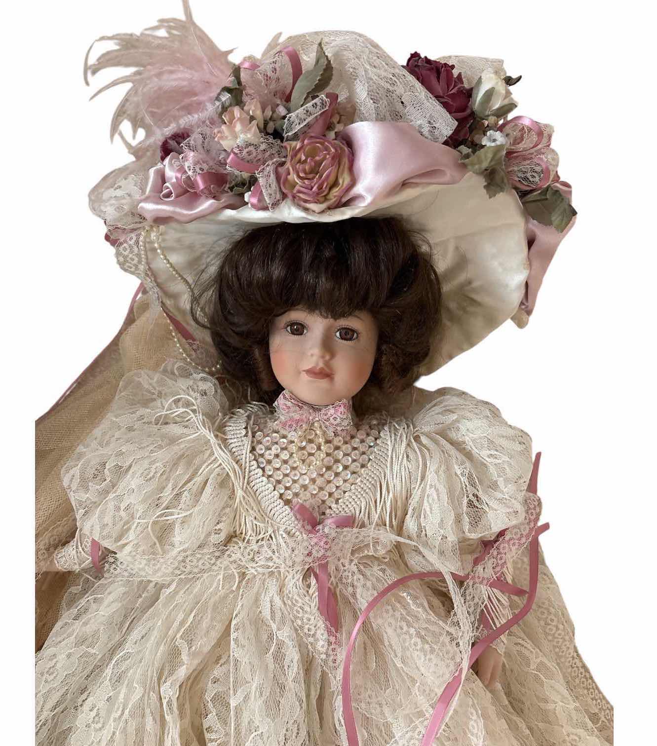 Photo 1 of LARGE VICTORIAN STYLE PORCELAIN DOLL WITH LACE DRESS, FLORAL HAT & BRUNETTE HAIR H27”