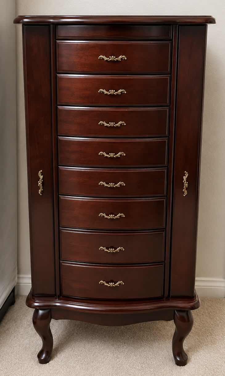 Photo 1 of TRADITIONAL QUEEN AND STYLE WOODEN FLOOR STANDING JEWELRY, ARMOIRE 18 1/4“ x 14 1/2“ H40 1/2” $220