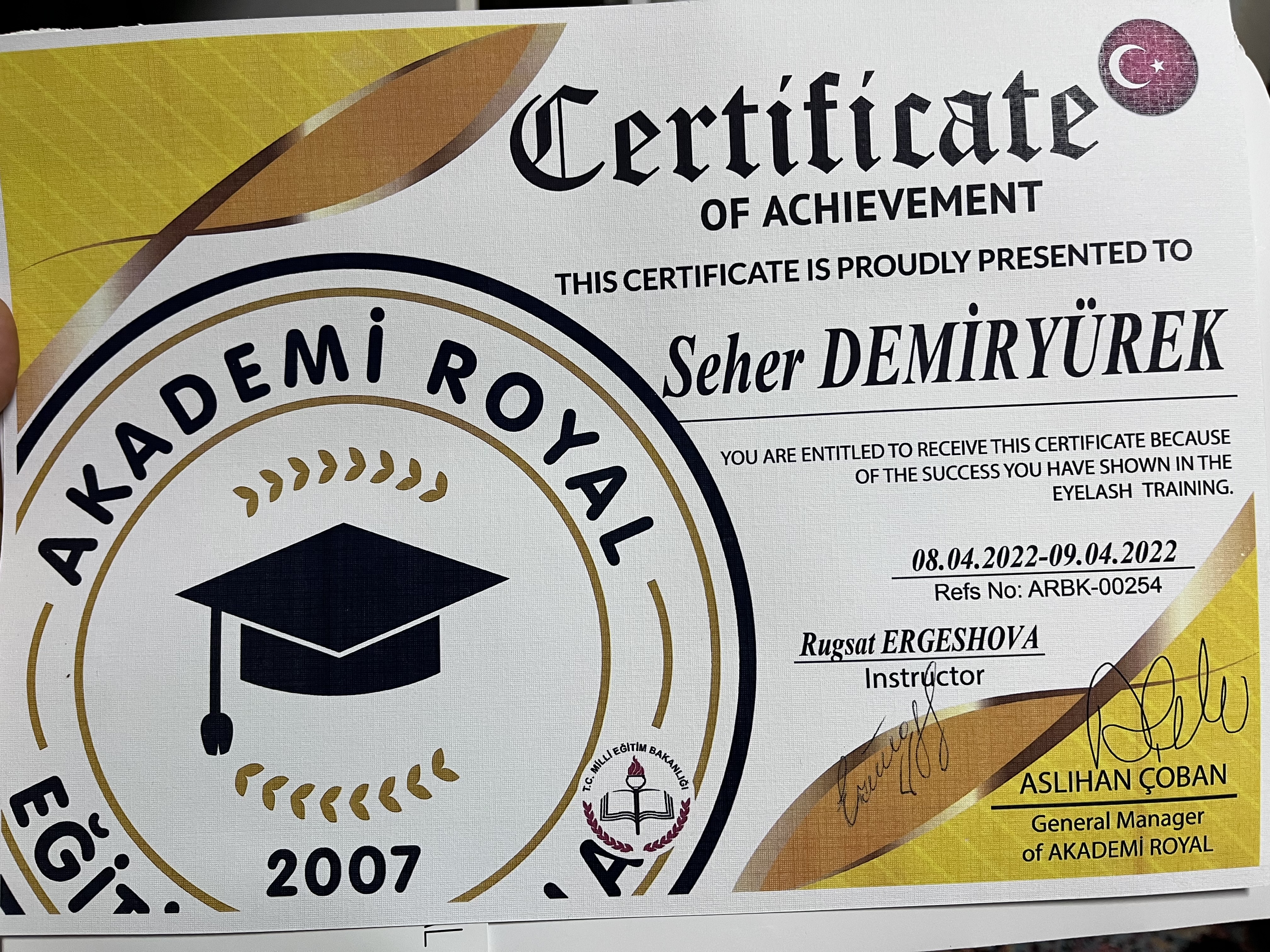 Seher Demiryürek sertifikası
