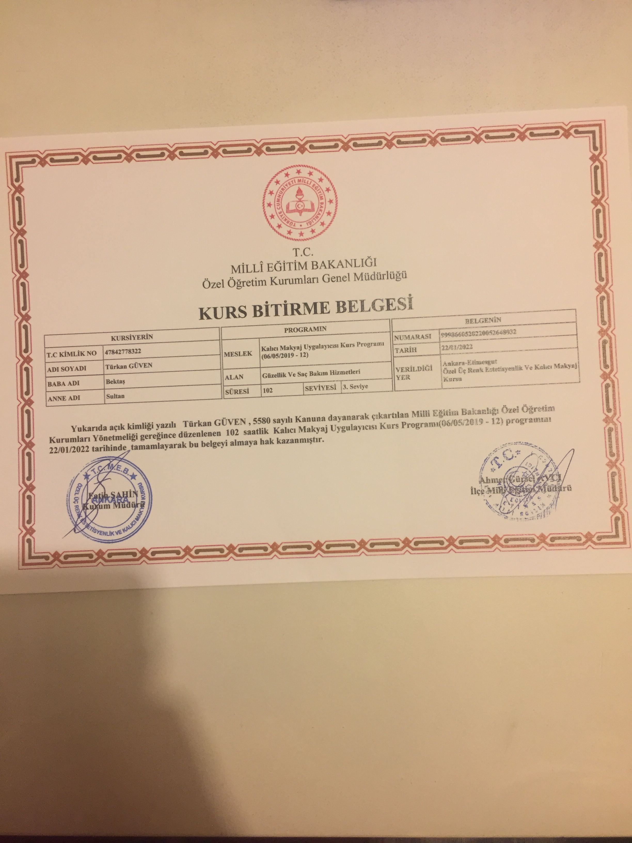 Türkan sertifikası